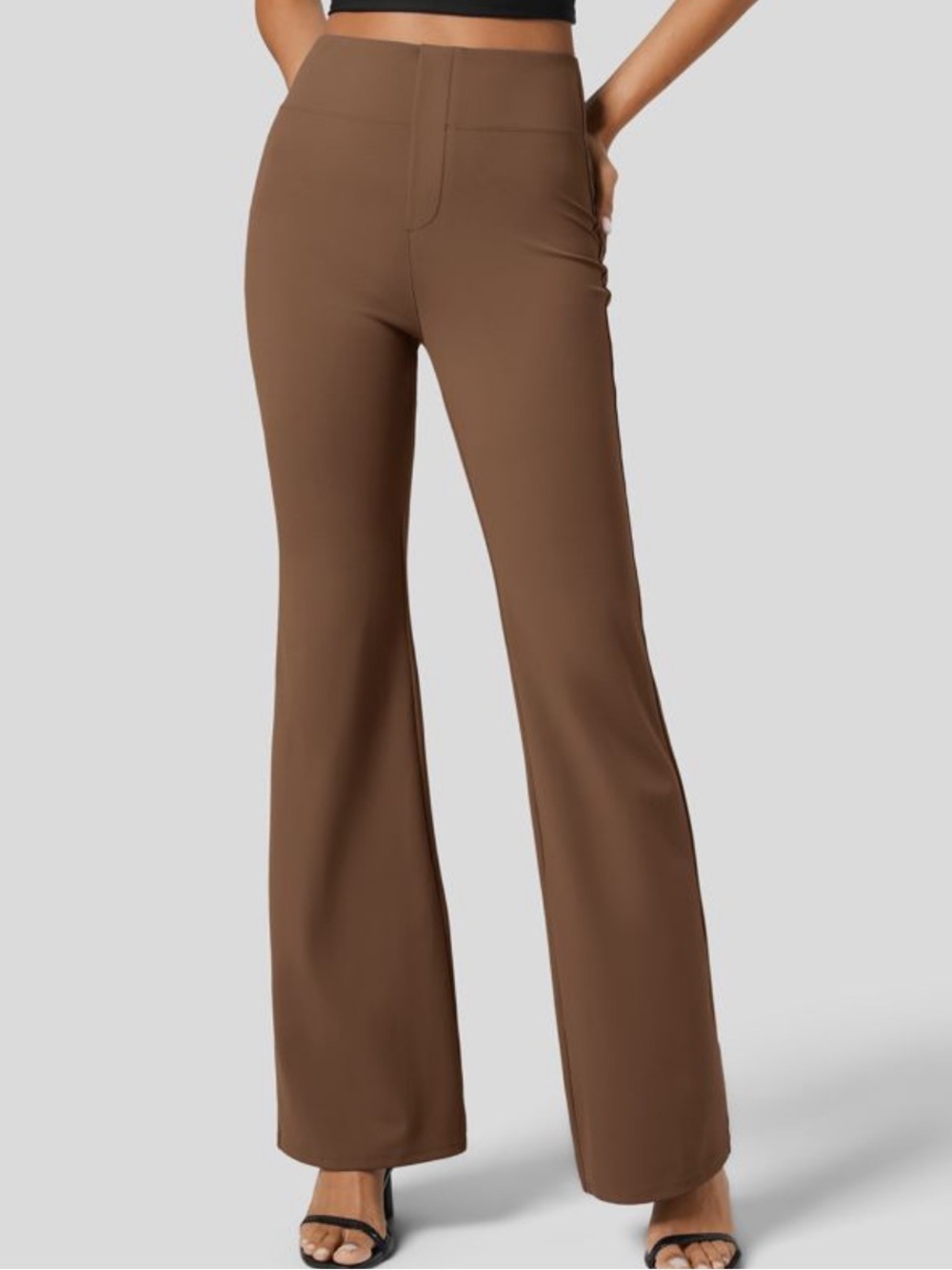 Halara Flex High Waisted Back Pocket Slight Flare Work Pants Brown Medium Petite